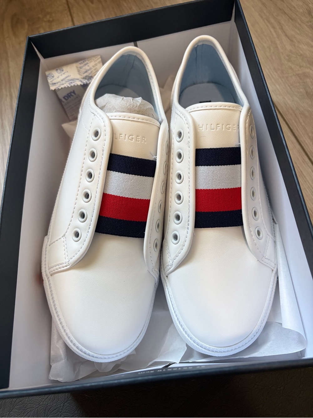 Tommy Hilfiger White Leather Slip-On Sneakers with Red, Navy & White Stripe